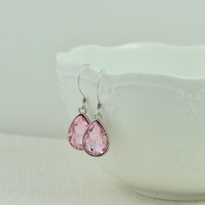 Pink Drop Sterling Silver Earrings, Simple Teardrop Dangle Lightweight Earrings, Elegant Pink Dangle Mothers Day Silver Everyday Jewellery image 6