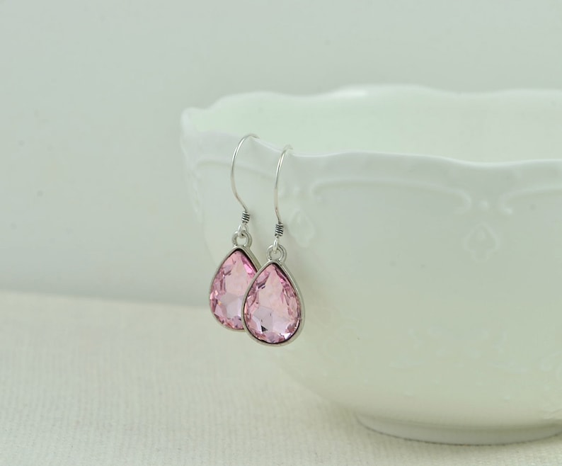 Pink Drop Sterling Silver Earrings, Simple Teardrop Dangle Lightweight Earrings, Elegant Pink Dangle Mothers Day Silver Everyday Jewellery image 1