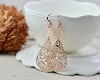 Gorgeous Rose Gold Lightweight Drop Earrings, Long Drop Filigree Chandelier Rose Gold Earrings, Everyday Teardrop Bridesmaids Jewelry Gift