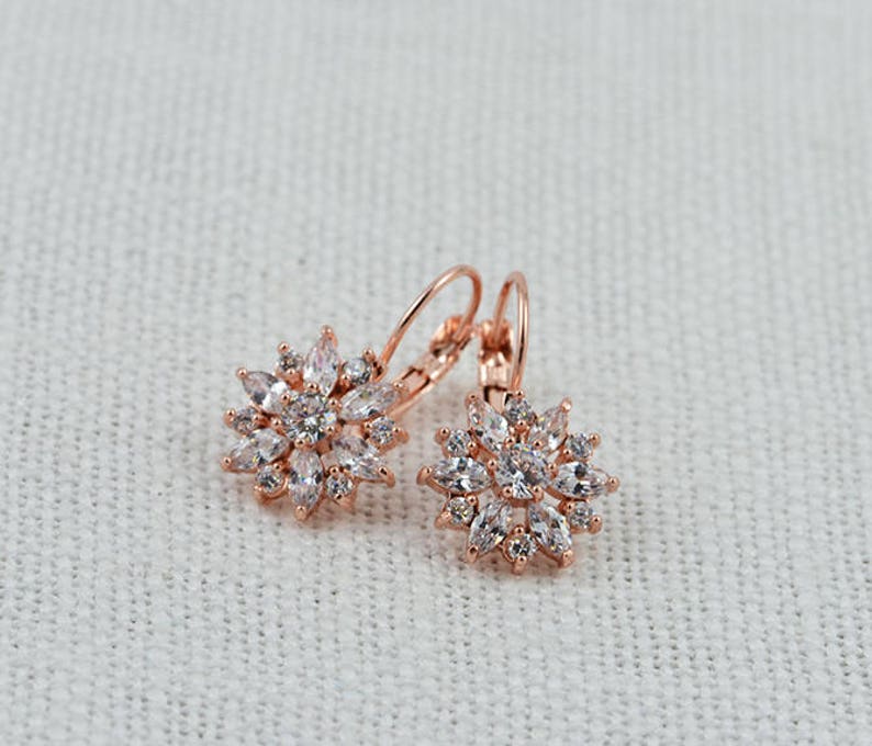 Bridal Flower Earrings Wedding Jewelry Bridesmaids Cubic Zirconia Earrings Lever Back Crystal Earrings Floral Rose Gold Earrings