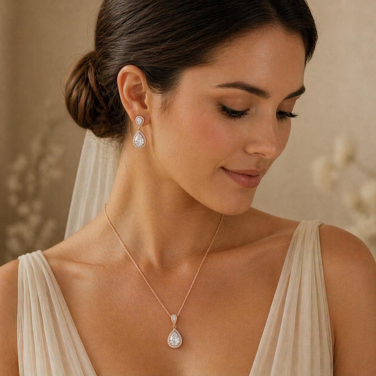 Rose Gold Teardrop CZ Bridal Set