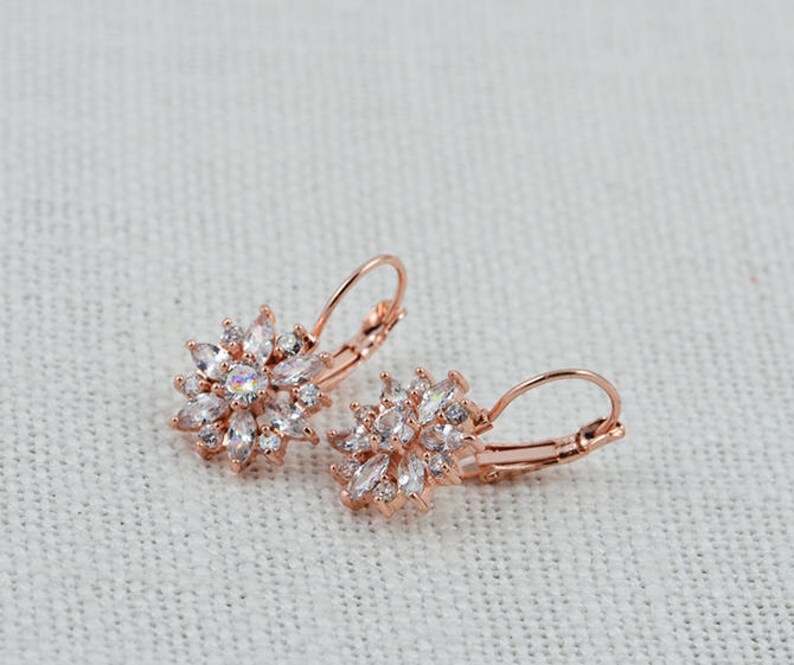Bridal Flower Earrings Wedding Jewelry Bridesmaids Cubic Zirconia Earrings Lever Back Crystal Earrings Floral Rose Gold Earrings