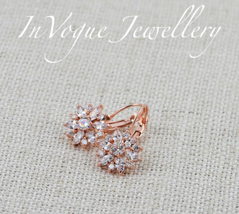 Bridal Flower Earrings Wedding Jewelry Bridesmaids Cubic Zirconia Earrings Lever Back Crystal Earrings Floral Rose Gold Earrings