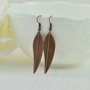 Copper Leaf Drop Earrings: Lightweight Minimalist Elegant Dangle Jewelry