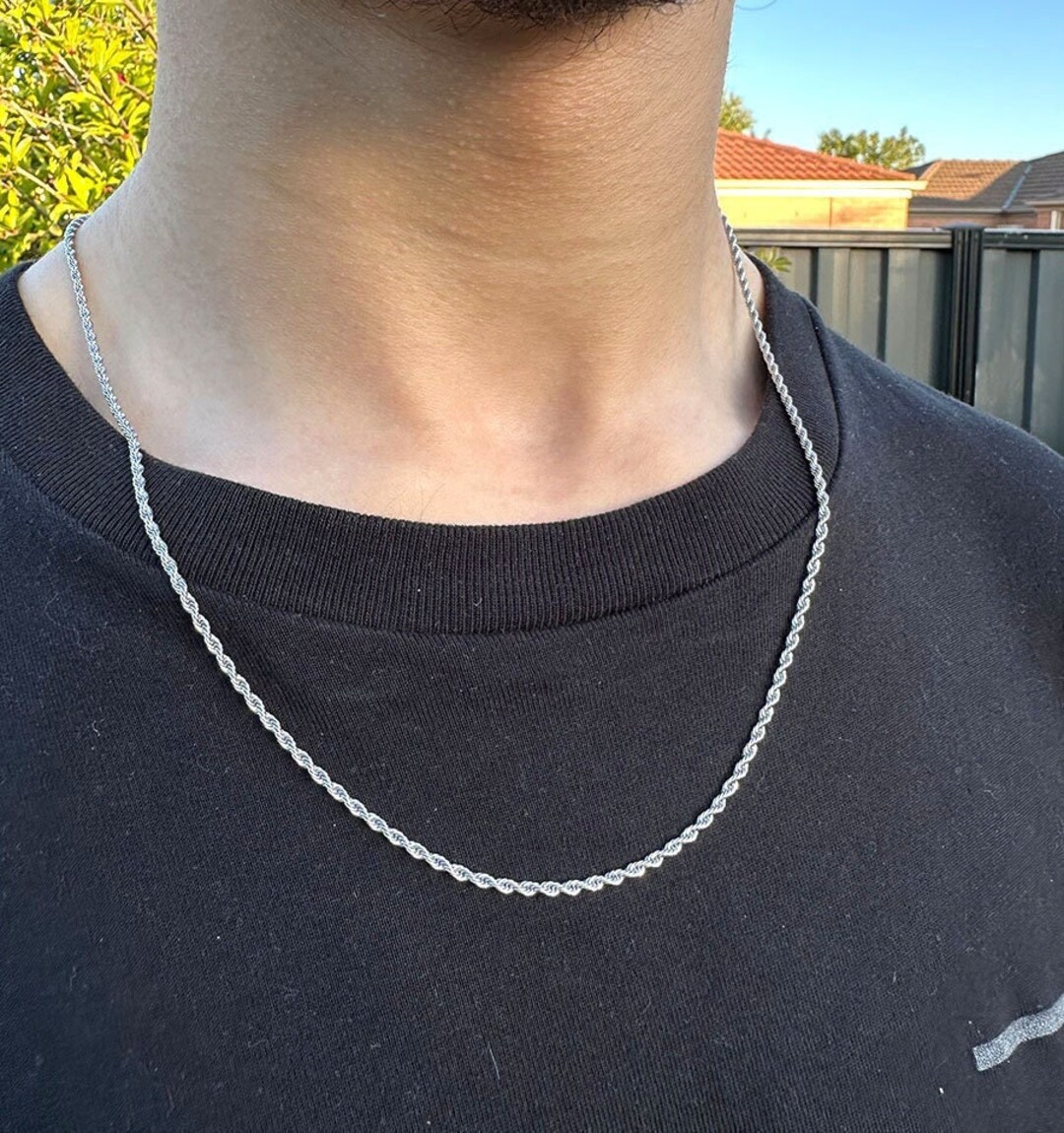 Stunning Men Rope Chain Necklace, Silver Round Tight Rope Twisted Link ...