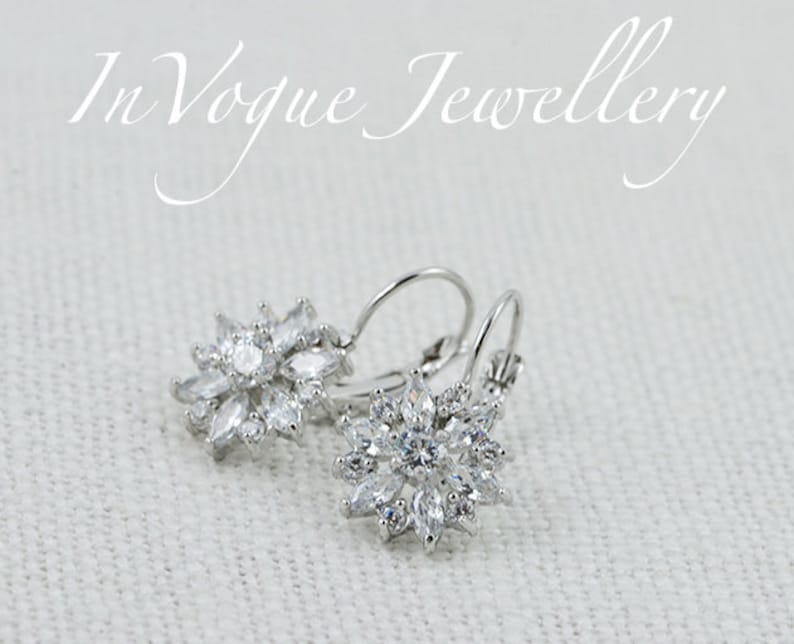 Bridal Flower Earrings Wedding Jewelry Bridesmaids Cubic Zirconia Earrings Lever Back Crystal Earrings Floral Rose Gold Earrings