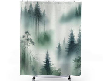 Boho Shower Curtain, Pine Forest, Wilderness Landscape, Green Landscape, Watercolor, Forest, Minimalist Simple Bathroom Decor, Decor, Gift