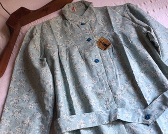 Vintage 60's French Cotton Floral Dress pit 18 " XS Small Workwear Dress White Flowers Dead stock House dress Chore Retro Cotton Blue 764