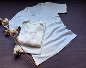 Vintage 70s White Knit Cotton Tee Medium Large Unisex Short Sleeve Knit T Shirt Neck U-Neck Tee Vintage European Deadstock Top Basics 2428