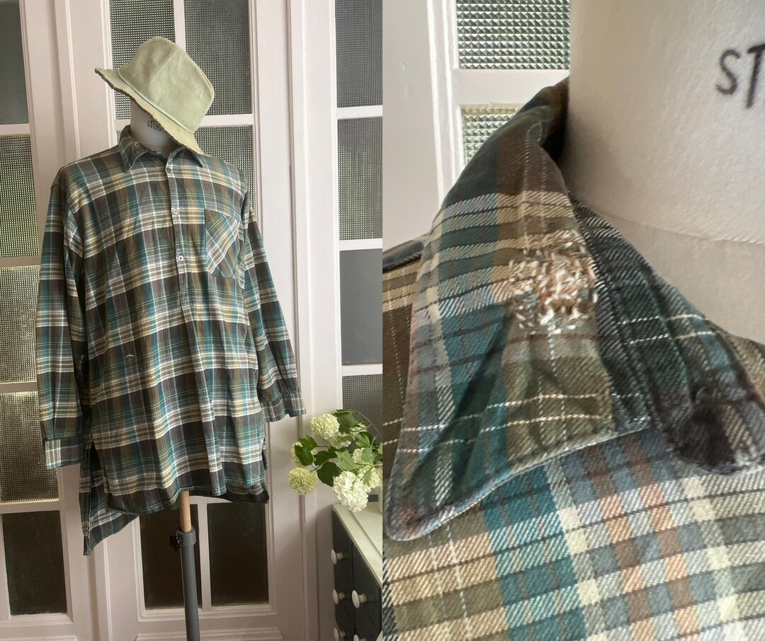 Vintage French Artists Smock Checked Workshirt Work Shirt Chore Worker
