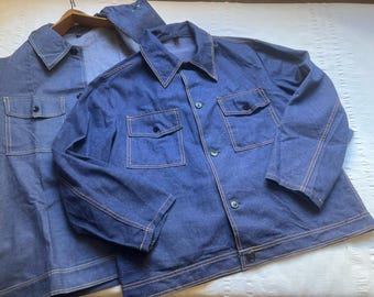 Vintage '70s Denim Work Jacket Small Medium Large XL 2XL Workwear Cropped Blue Belted Chore Workers Work Shirt Workers Unworn 2229