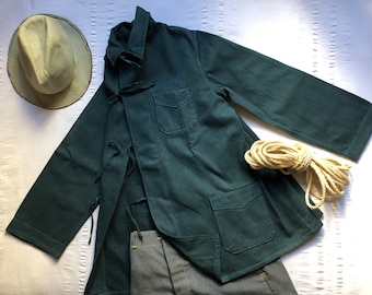 Vintage 60's French Work Jacket Chore Coat XS M L XL 2XL 3XL Workwear Hobo Flannel Shirt Worker Selvage Cotton Green Small Medium Large 1699