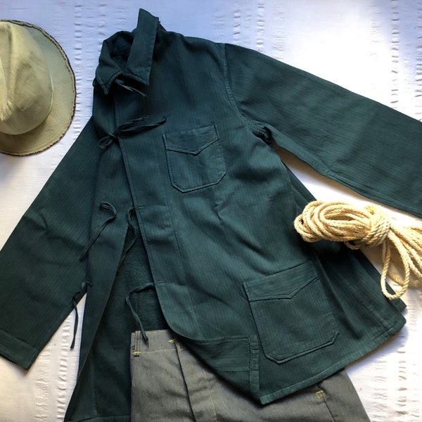 Vintage 60's French Work Jacket Chore Coat XS M L XL 2XL 3XL Workwear Hobo Flannel Shirt Worker Selvage Cotton Green Small Medium Large 1699