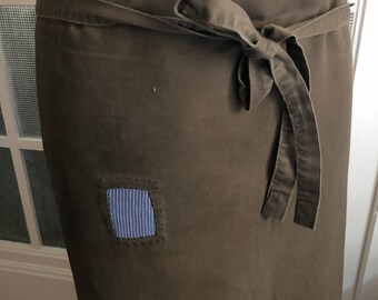 Vintage Waist Apron French Country Workwear Textile Cotton Brown Patched Repaired Mended 1297