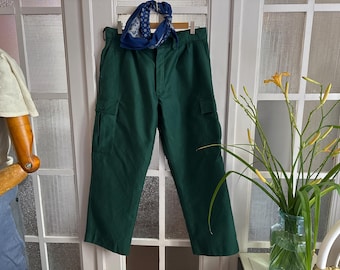 Vintage French Moleskin Chore Pants Pleats Pleated Cargo Trousers Work Pants W33" Peasant Workwear Workers green Large XL 2427