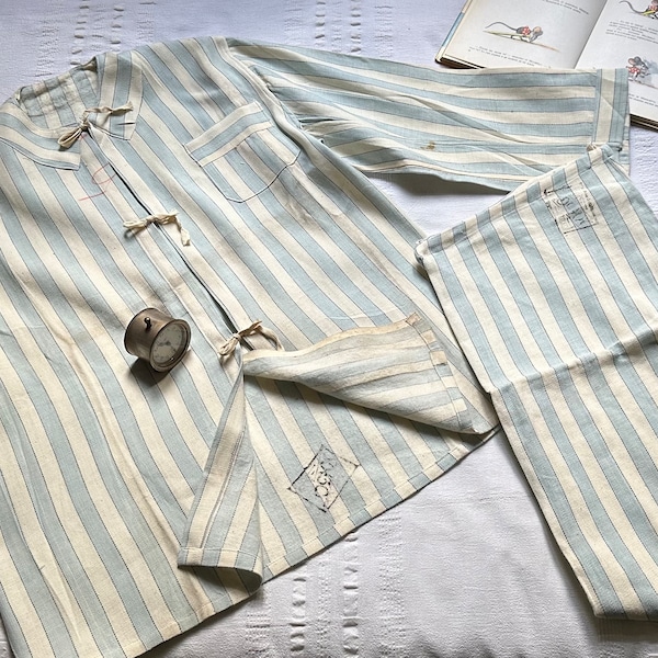 Vintage Brushed Flannel Cotton Striped Pyjamas set pajamas jacket PJs shirt trousers pants Small Medium 2039