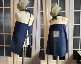 ヴィンテージエプロン フランス製 色褪せたインディゴブルー コットン
