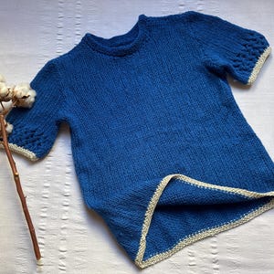 Vintage 80&#39;s Soft Wool Hand Knitted Blouse Top Short Sleeve Pullover Retro Blouse Chunky Knit Wear Knitted Sweater Blue Small 2374