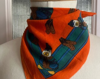 Vintage bandana Bear Bears Penguin folk print cotton scarf pocket square chore work neckerchief workwear orange - 1969