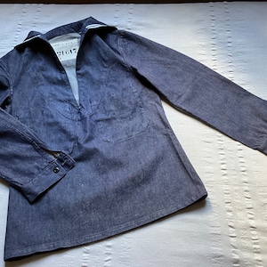 Vintage 1972 French Marine Shirt Jacket Naval Uniform Pit 19&quot; Denim Small XS Sailor Smock Fisherman Work Jacket Blouse Denim Blue 1904