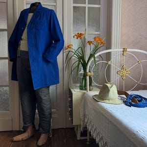 Vintage Artist Smock Chore Coat Faded Duster Shop Coat Long Jacket Apron Work Workers Workwear Painter Factory Atelier Lab coat Blue 2423