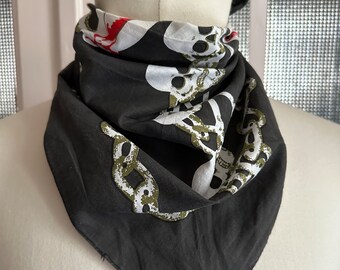 Vintage bandana Skulls and Bones print Pirate cotton scarf pocket square chore work neckerchief workwear Western Black 1848