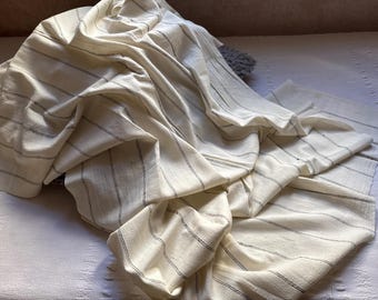 Antique Handwoven Cotton & Silk Fabric striped Rustic Textile 68.5"x32" Natural Vintage Cloth 2392