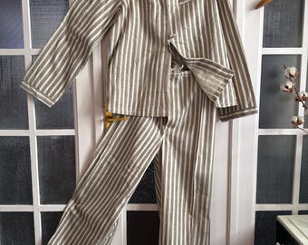 Rare Vintage 50s Brushed Flannel Uniform Stamped Cotton Striped Pyjamas set pajamas jacket pants PJs shirt trousers Small Medium Large 2361