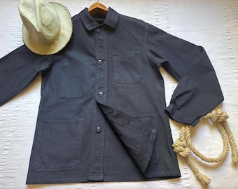 Vintage jaren 70 Franse karweijas werkjas klein 21,5" werkkleding werkjas hobo werkshirt Sanfor katoen zwart 2413