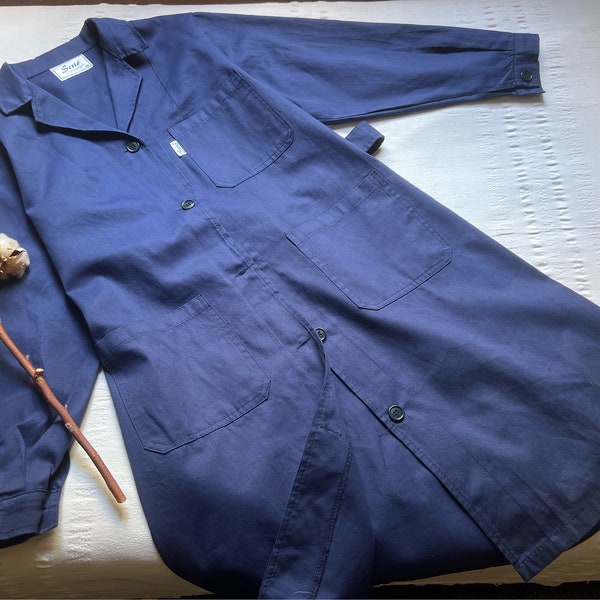 Vintage 80s Work Womens Long Duster Jacket Pit 21" Workwear Work Shop Coat Chore coat Worker Small Medium Atelier Artist Cotton twill 2139