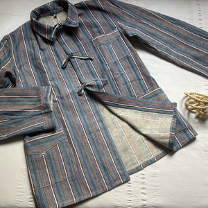 Vintage 50's Work Jacket Shirt Flannel Pit 22.5" Small Medium Chore Coat Workwear Work wear Worker Stripes Hobo Blue 2053