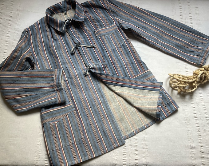Vintage 50's Work Jacket Flannel Shirt Medium Large XL Stamped Chore Coat Workwear Work wear Worker Stripes Hobo Blue 2053