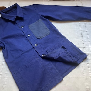 Vintage 70&#39;s French Work Jacket Medium Large Workwear Workers Jacket Hobo Chore Coat Sanfor Cotton Indigo Blue 2197