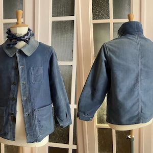 French Moleskin Selvage Chore coat Work Jacket Pit 20 Faded Darned Mended Repaired Workwear Work Wear Worker Peasant  Vintage Antique 1893