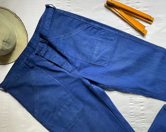 Vintage 80s alemán Merk trabajo tarea pantalones pantalones W35" L33" pequeña ropa de trabajo mediana trabajadores ropa campesina descolorida espiga Sanfor azul 2118