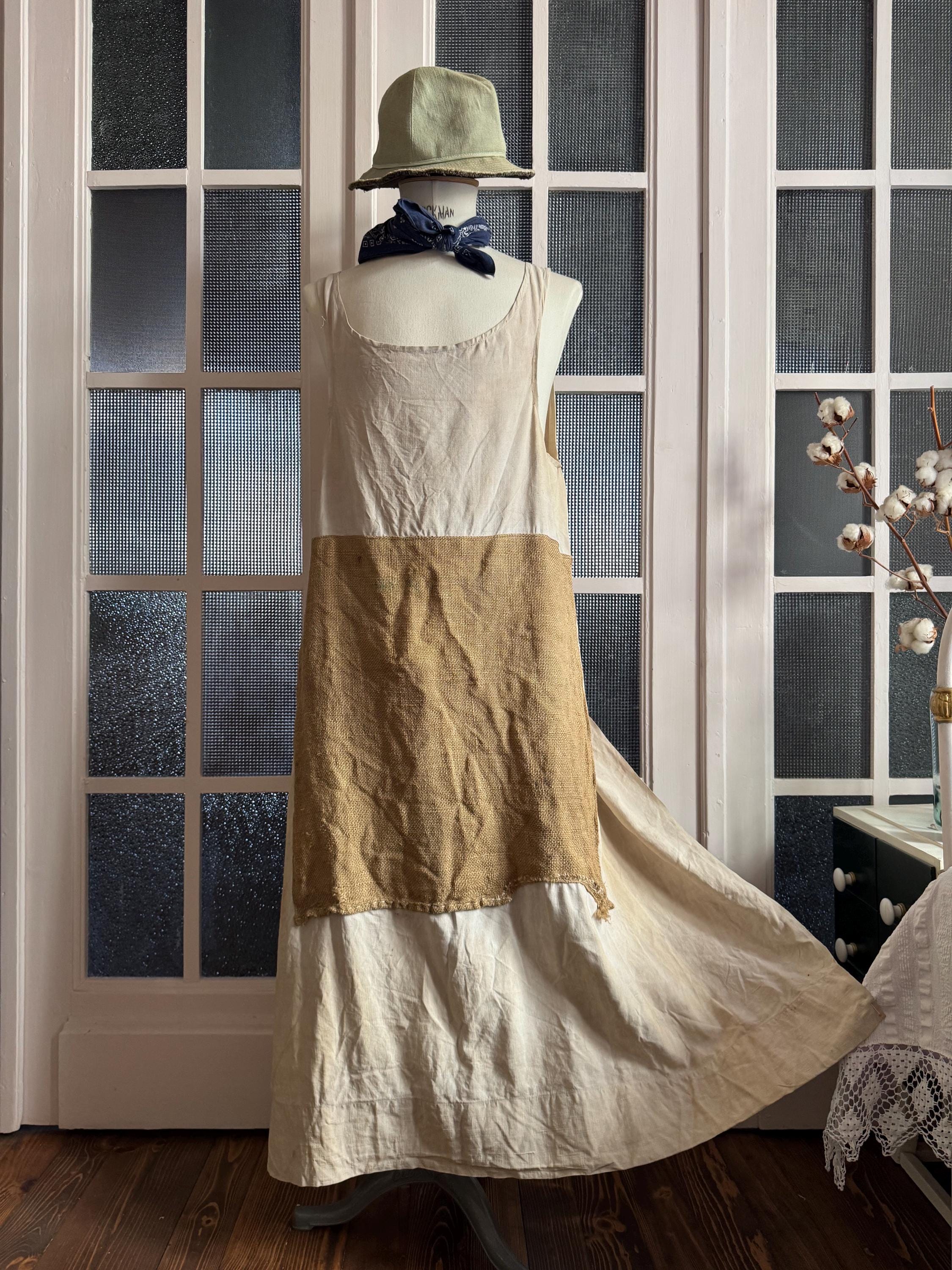 Vintage 50s French Apron Linen Hemp Mend Peasant Country