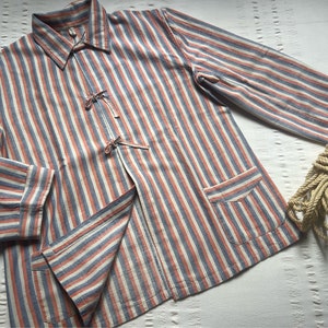 Vintage 50's Work Jacket Shirt Flannel Large Chore Coat Workwear Work wear Worker Stripes Hobo Blue Coral 2054