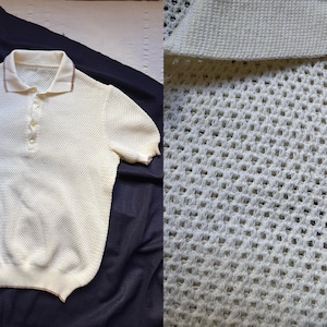 Vintage 70’s Knitted T-shirt Open knit Polo shirt Blouse Knit Top Short Sleeve Sweater Knitted Tshirt Small Medium Summer Polo shirt 2381