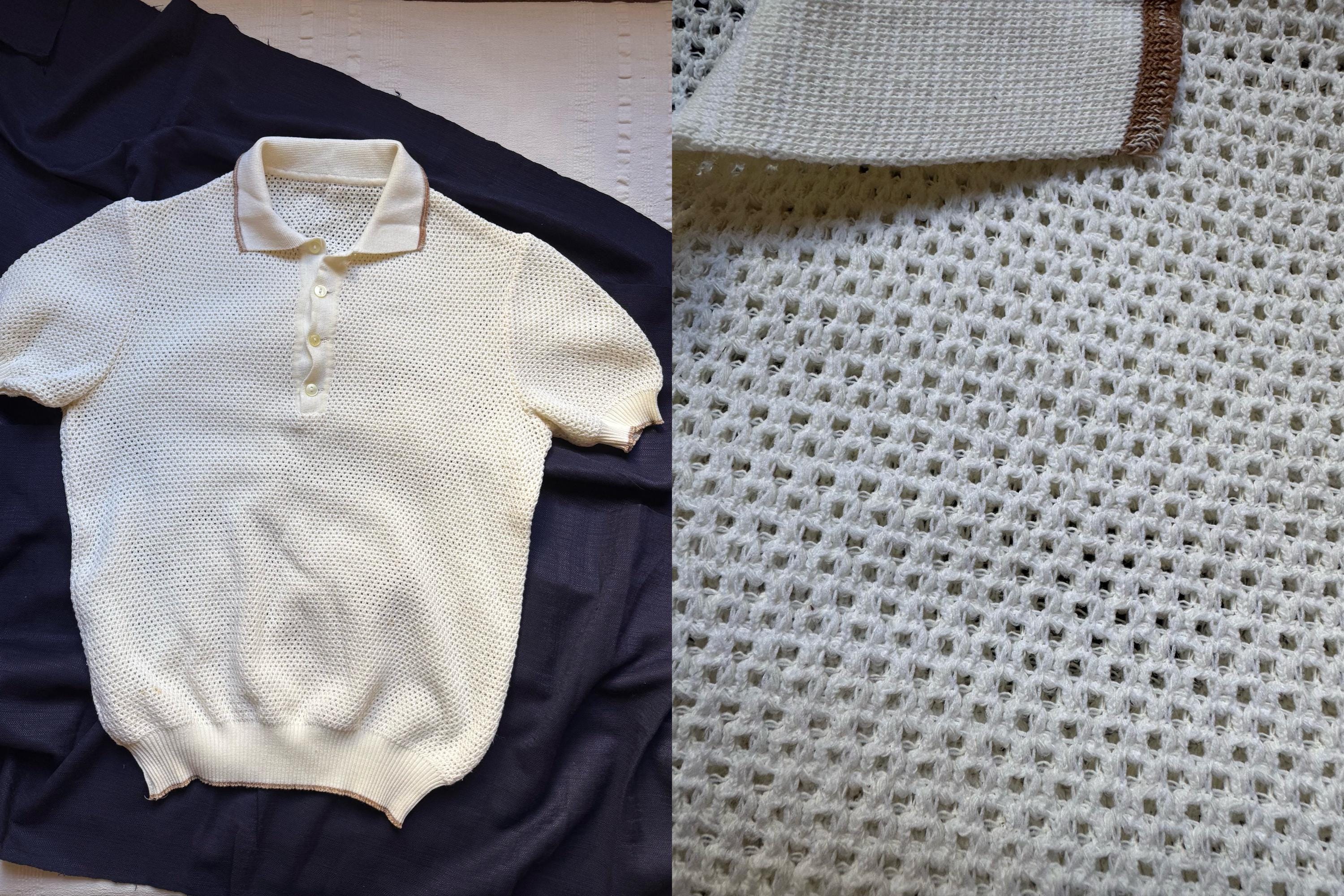 Vintage 70's Knitted T-shirt Open Knit Polo Shirt Blouse Knit Top