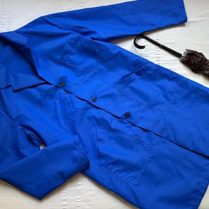 Vintage Long Duster Raincoat Nylon Chore Jacket Pit 22" Small Long Work Workers Workwear Smock Factory Atelier Artist smock Blue 3032