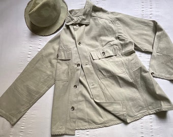 Vintage 70s German Work Jacket Pit 24&quot; Medium large Chore Shirt Workwear Workers Chore Jacket Work Garment Beige Strong Cotton 2102