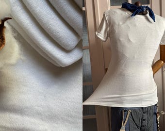 Vintage 70s White Knit Cotton Tee Short Sleeve Knit T Shirt Neck U-Neck Tee Vintage European Deadstock Top Basics 2431