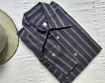 Vintage 70&#39;s Men&#39;s Shirt Long Sleeve Shirt Pit 23&quot; Medium Large Collar Cotton Linen Selvage Retro Shirt Large 2429