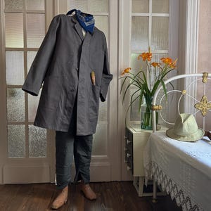 Vintage Artist Smock Chore Coat Pit 24 Duster Shop Coat Long Work Jacket Work Coat Workwear Painter Factory Atelier Lab coat Dark Gray 2424