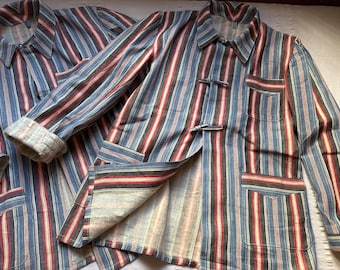 Vintage 50&#39;s Work Jacket Shirt Flannel Large XL Stamped Chore Coat Workwear Work wear Worker Stripes Hobo 2360