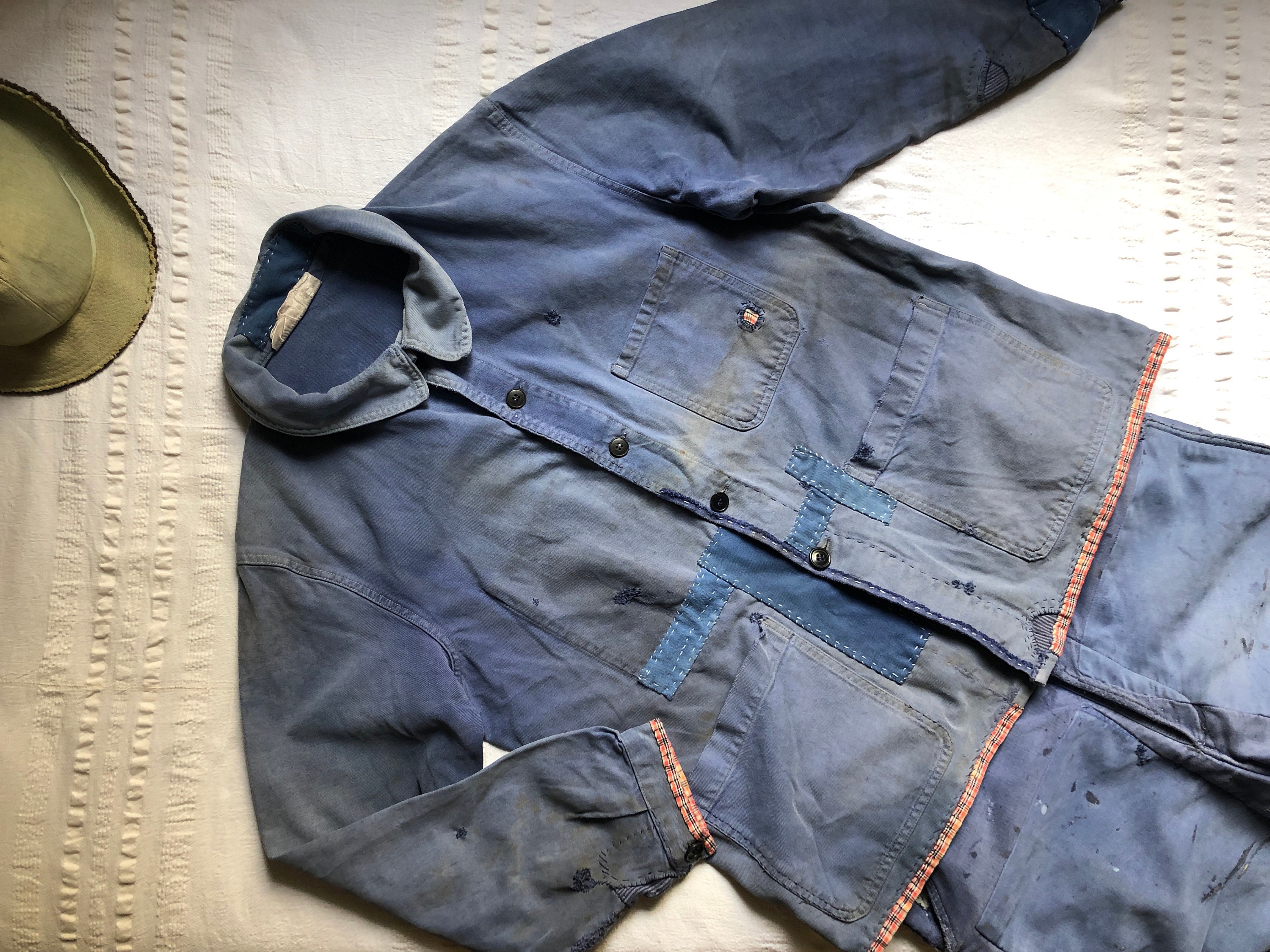 50's French Work Jacket Moleskin Faded Darned Patched Repaired Workwear Work Wear Hobo Chore Worker Jacket Peasant Large Blue 1112 50's French Work Jacket Moleskin Faded Darned Patched Repaired Workwear Work Wear Hobo Chore Worker Jacket Peasant Large Blue 1112