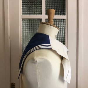 Vintage French Deck Marine Collar or Bib Linen & Cotton Nationale Navy Naval Sailor blue white border stripes antique  Utility Military 1841