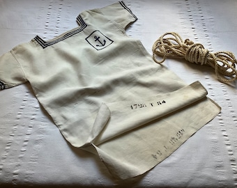 Vintage Antique Linen Marine Deck Shirt Top Tee Blouse Marine Nationale Uniform Sailor Naval Smock Fisherman Work Chore Stripes 1799