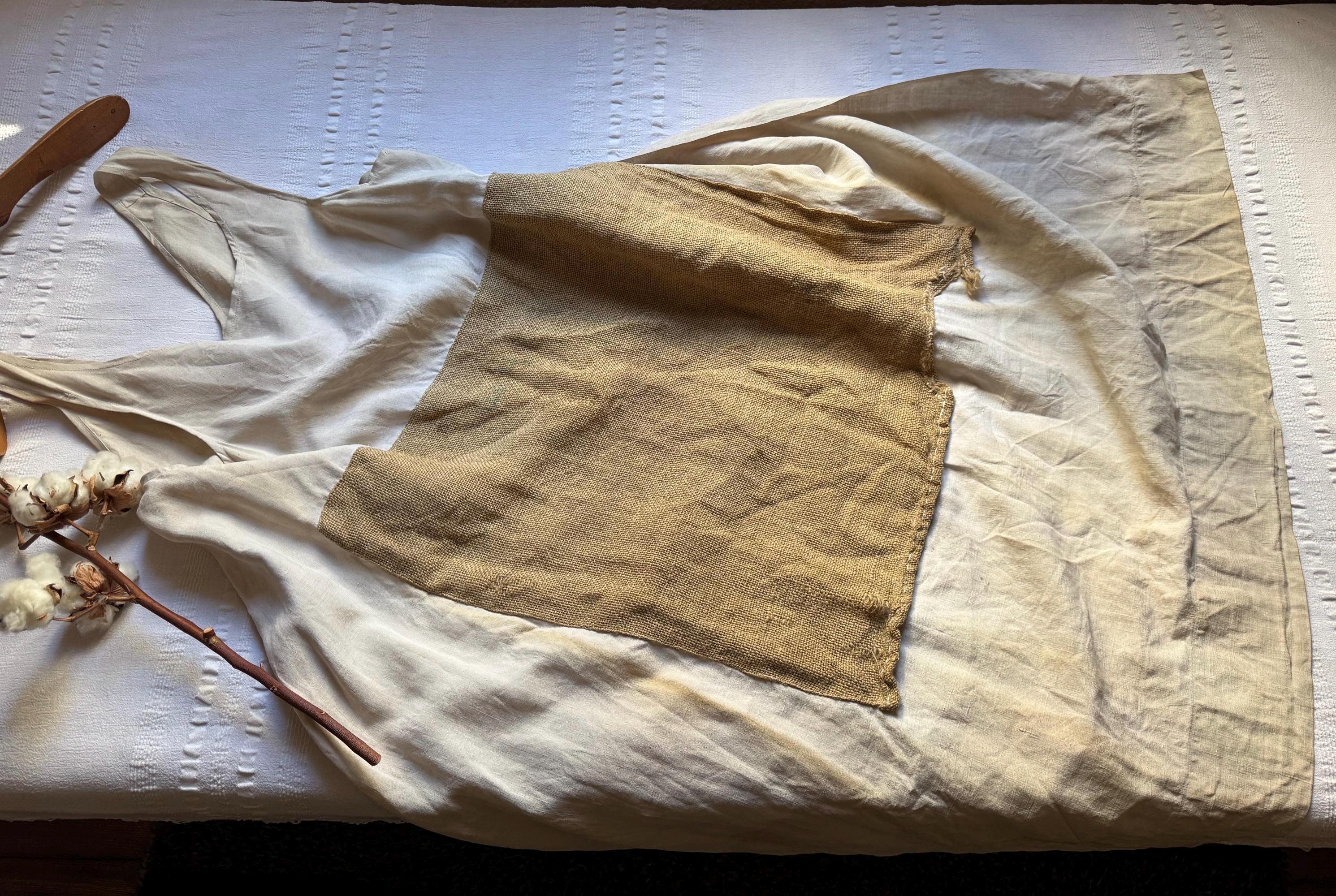 小物 30s-40s French Vintage Heavy Hemp Apron 1930s Blue Chambray French Apron Pockets Long Farmhouse