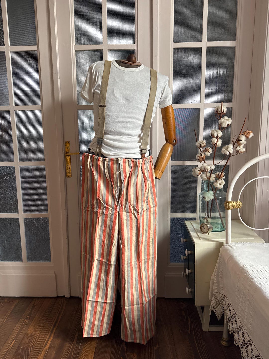50s Vintage French Brushed Flannel Pant Cotton Stripe Pajamas Pyjamas ...